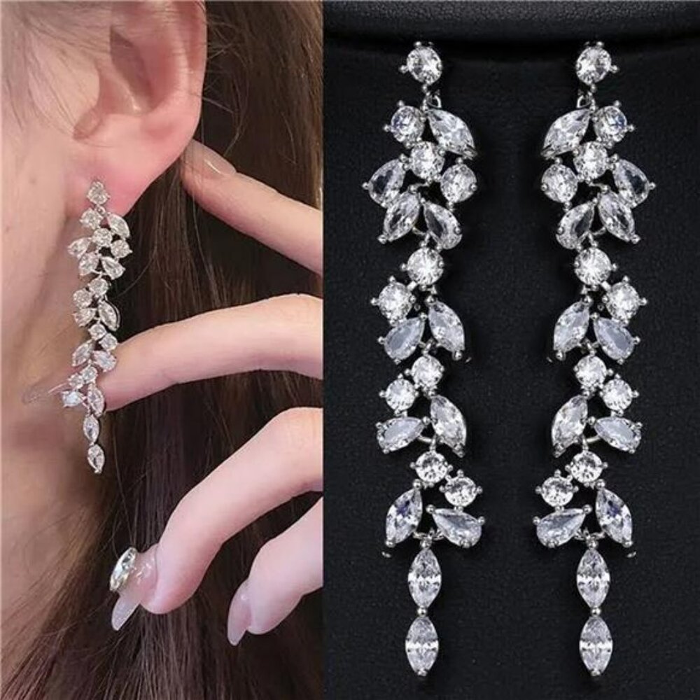 Rhinestone Earrings Dangle Cubic Zirconia Long Crystal Earrings Wedding Bridal